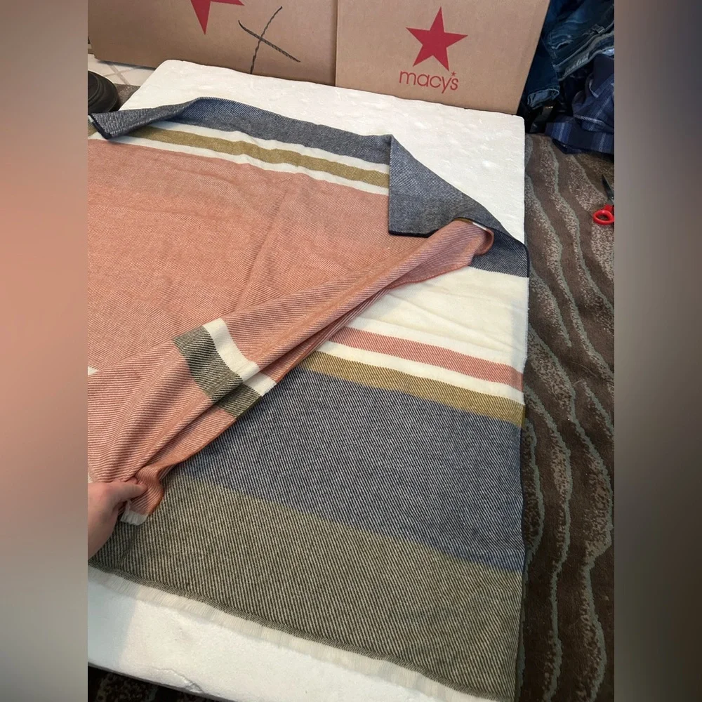 J. Crew NWT raw edge color block large scarf wrap blue white red green
